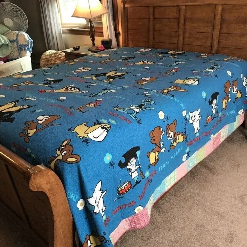 Terry Tunes Vintage Bedspread Mighty Mouse Heckle Jeckle Blue Queen